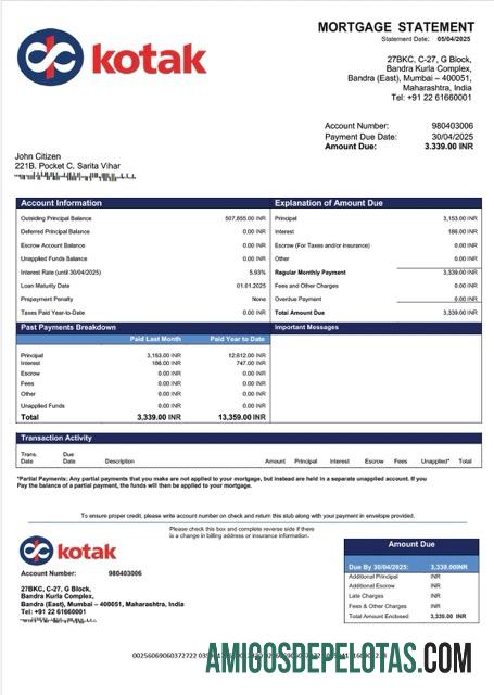 em branco Modelo Word e PDF de extrato de hipoteca do Banco Kotak Mahindra da Índia